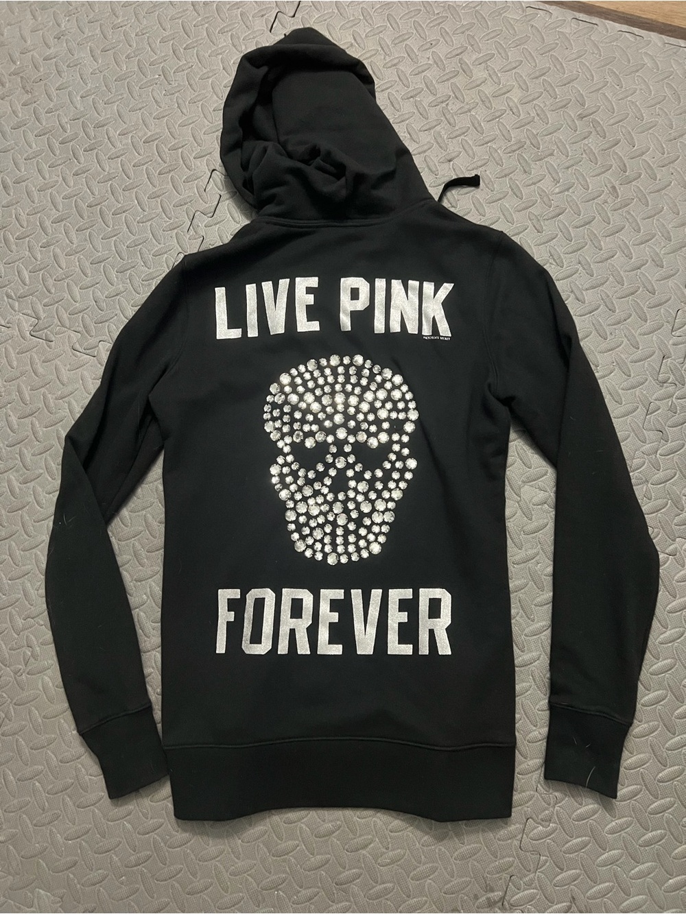 Victoria’s Secret rhinestone skull live pink forever, black boyfriend hoodie xs